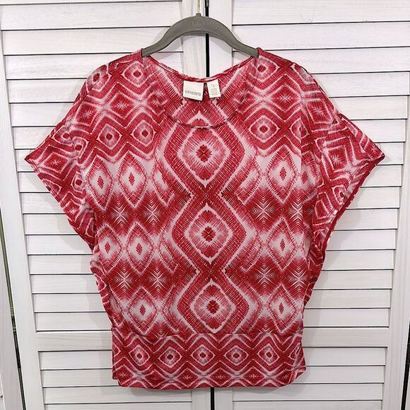 Chico’s Top Size 1 Medium Red Tie Dye Boxy Flowy - Picture 2 of 14